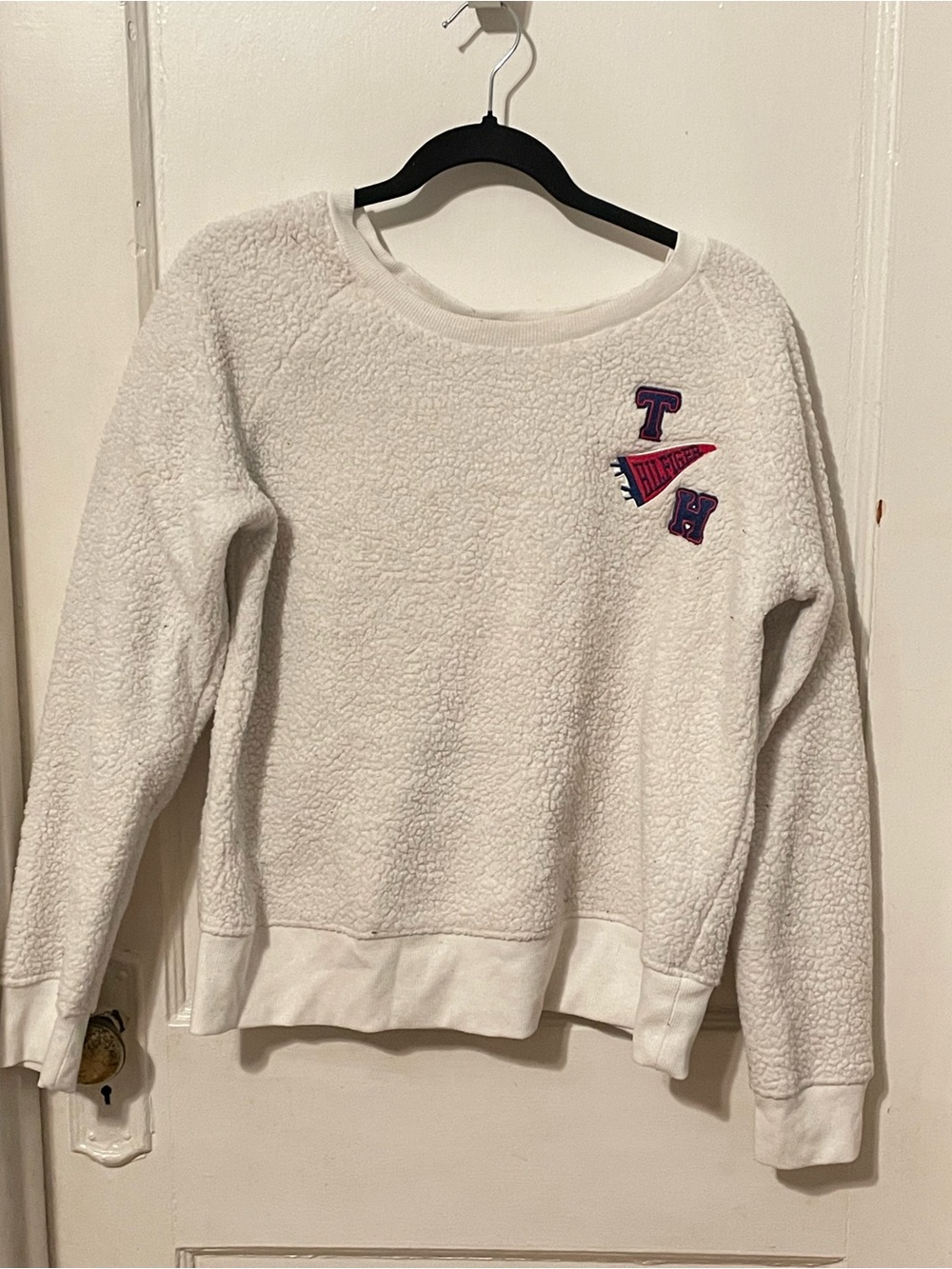 Tommy Hilfiger White Sherpa Crewneck Sweatshirt with Purple & Red Patches